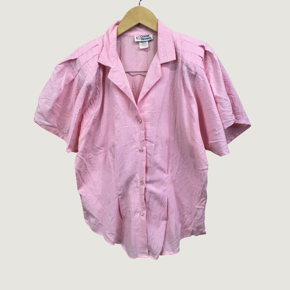 Cristin Stevens Blouse Size 12 Pink Vintage 80s Short Sleeve Button Up Retro USA